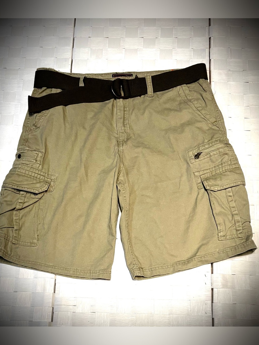 Men's WEAR FIRST Tan Cargo Shorts with Brown Web Belt. Size 40